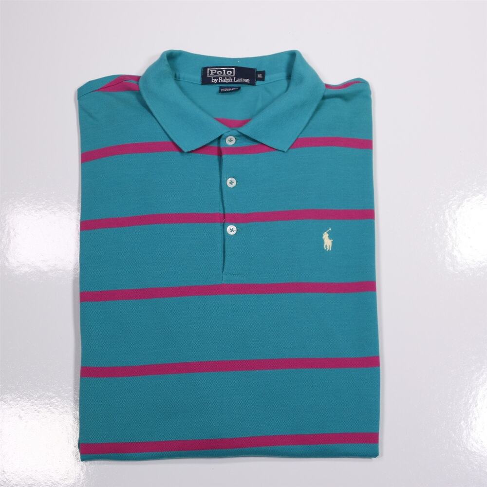 Polo Ralph Lauren Vintage Aqua Pink Striped Polo Shirt Pony Men's XL